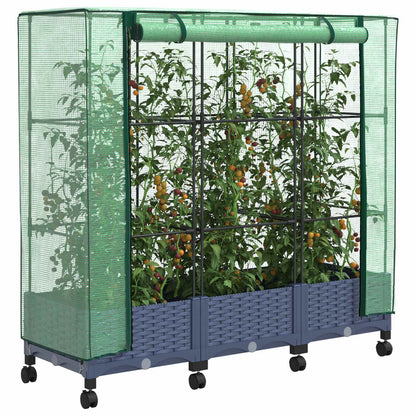 Garden Planter with Greenhouse Cover&Wheels 3 pcs Blue Grey PP