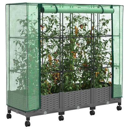 Garden Planter with Greenhouse Cover&Wheels 3 pcs Light Grey PP