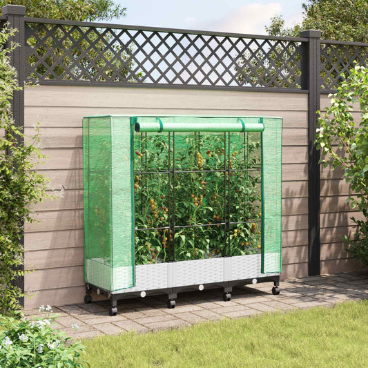 Garden Planter with Greenhouse Cover&Wheels 3 pcs White PP