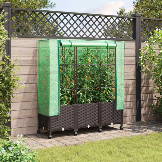 Garden Planter with Greenhouse Cover&Wheels 3 pcs Brown PP