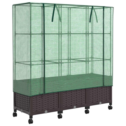 Garden Planter with Greenhouse Cover&Wheels 3 pcs Brown PP