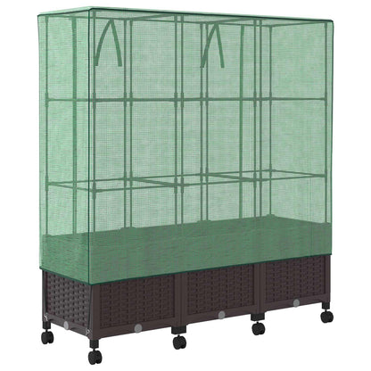 Garden Planter with Greenhouse Cover&Wheels 3 pcs Brown PP