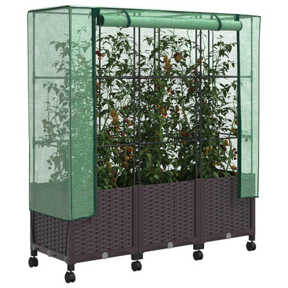 Garden Planter with Greenhouse Cover&Wheels 3 pcs Brown PP