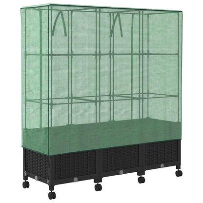 Garden Planter with Greenhouse Cover&Wheels 3 pcs Black PP