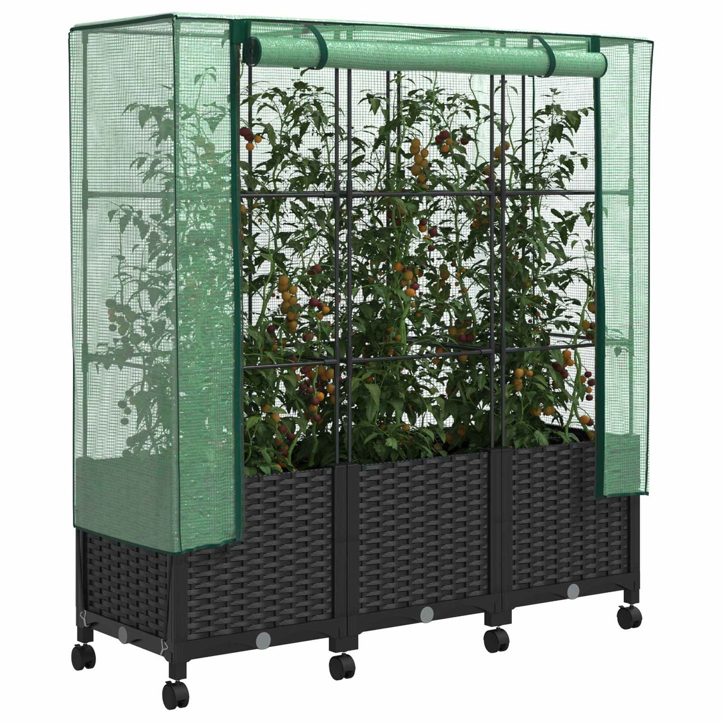 Garden Planter with Greenhouse Cover&Wheels 3 pcs Black PP