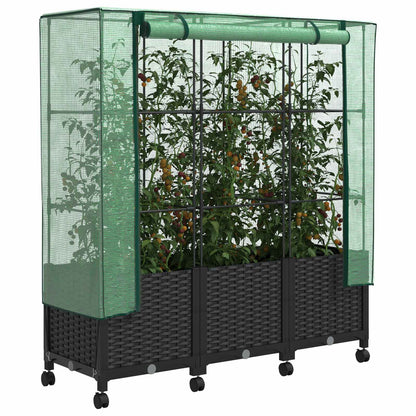 Garden Planter with Greenhouse Cover&Wheels 3 pcs Black PP