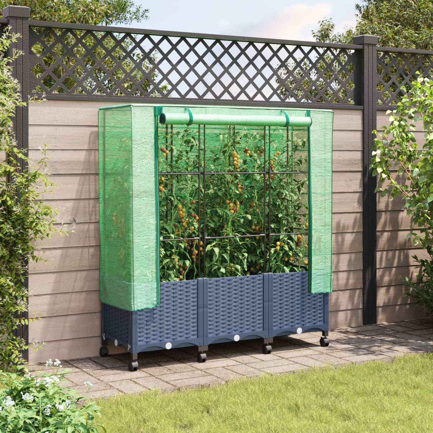Garden Planter with Greenhouse Cover&Wheels 3 pcs Blue Grey PP