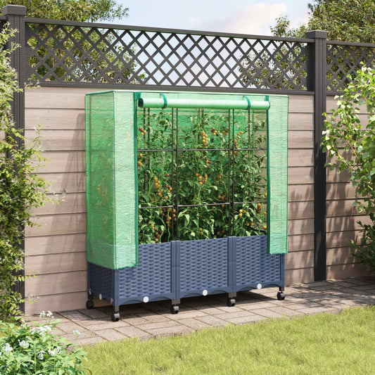 Garden Planter with Greenhouse Cover&Wheels 3 pcs Blue Grey PP
