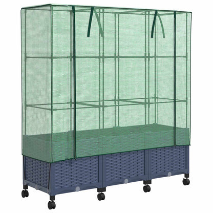 Garden Planter with Greenhouse Cover&Wheels 3 pcs Blue Grey PP