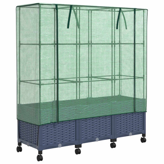 Garden Planter with Greenhouse Cover&Wheels 3 pcs Blue Grey PP