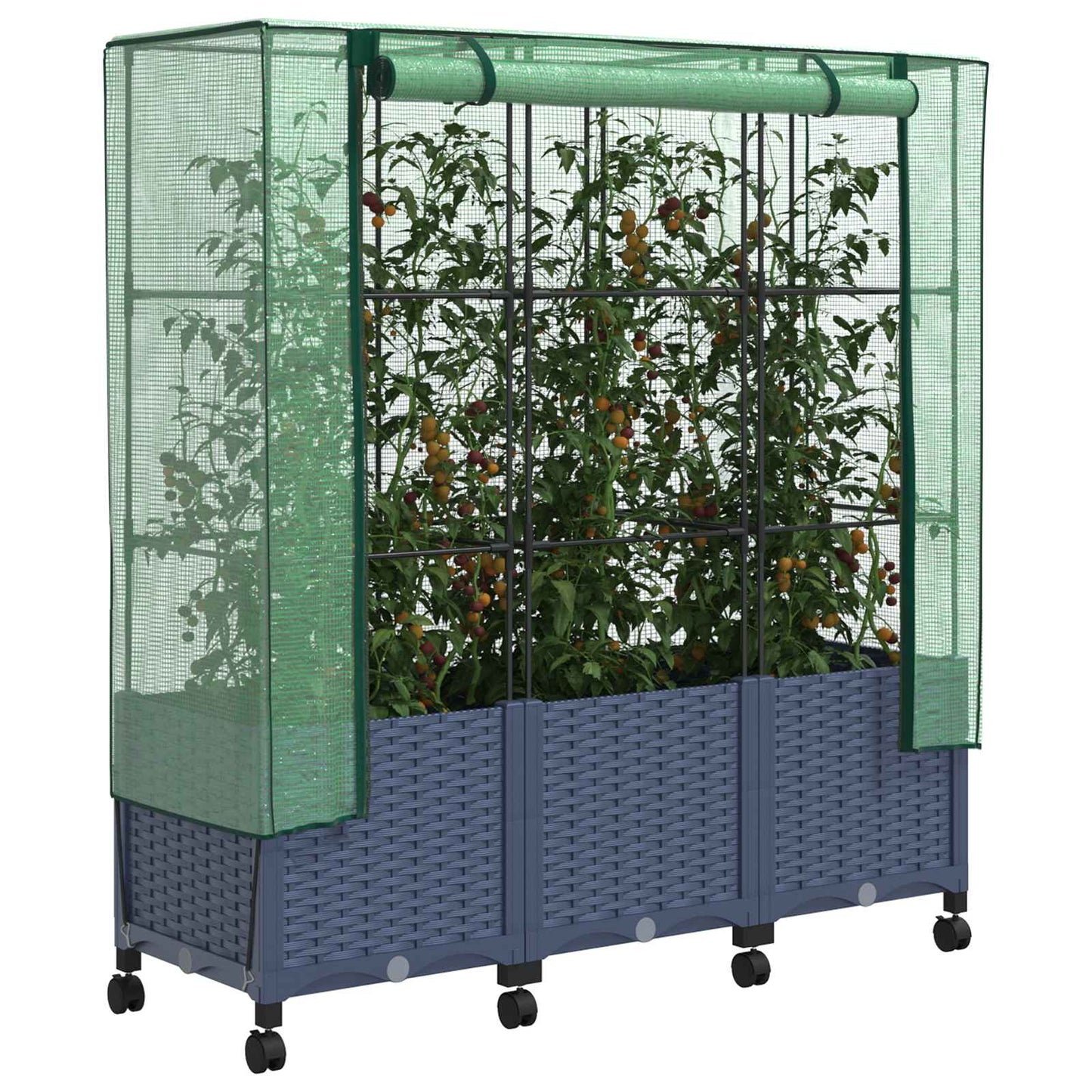 Garden Planter with Greenhouse Cover&Wheels 3 pcs Blue Grey PP