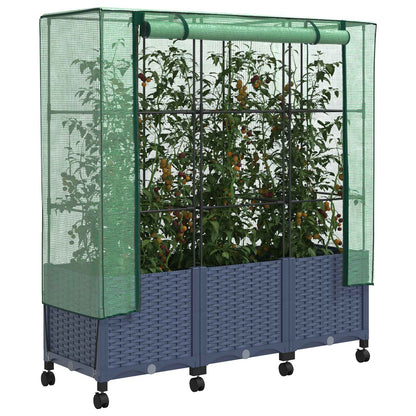 Garden Planter with Greenhouse Cover&Wheels 3 pcs Blue Grey PP