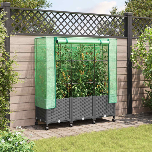 Garden Planter with Greenhouse Cover&Wheels 3 pcs Light Grey PP