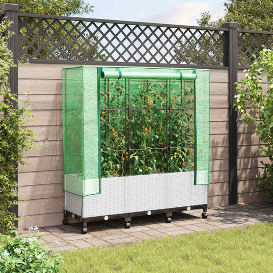 Garden Planter with Greenhouse Cover&Wheels 3 pcs White PP