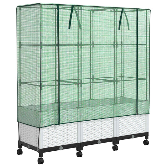 Garden Planter with Greenhouse Cover&Wheels 3 pcs White PP