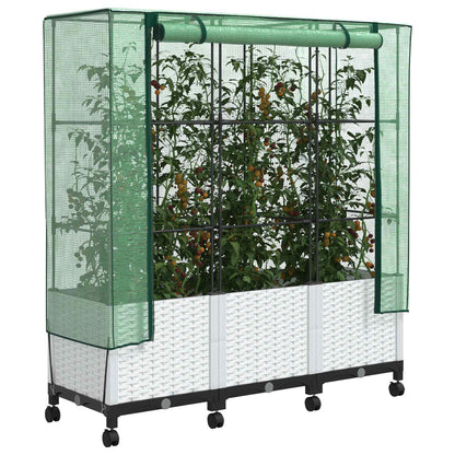 Garden Planter with Greenhouse Cover&Wheels 3 pcs White PP