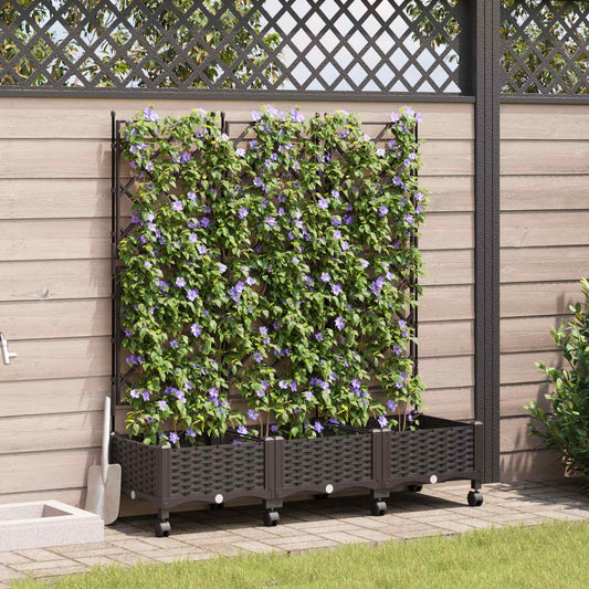 Garden Planter with Trellis&Wheels 3 pcs Brown PP