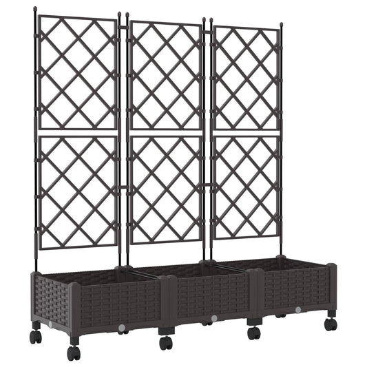 Garden Planter with Trellis&Wheels 3 pcs Brown PP