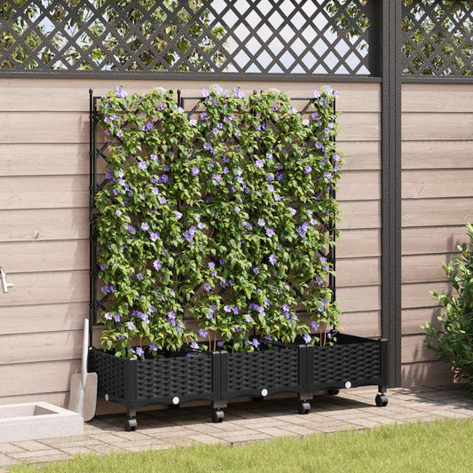 Garden Planter with Trellis&Wheels 3 pcs Black PP