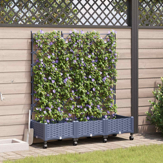 Garden Planter with Trellis&Wheels 3 pcs Grey PP