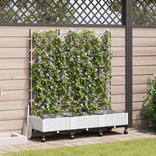 Garden Planter with Trellis&Wheels 3 pcs White PP