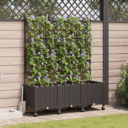 Garden Planter with Trellis&Wheels 3 pcs Brown PP