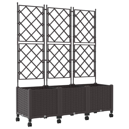 Garden Planter with Trellis&Wheels 3 pcs Brown PP
