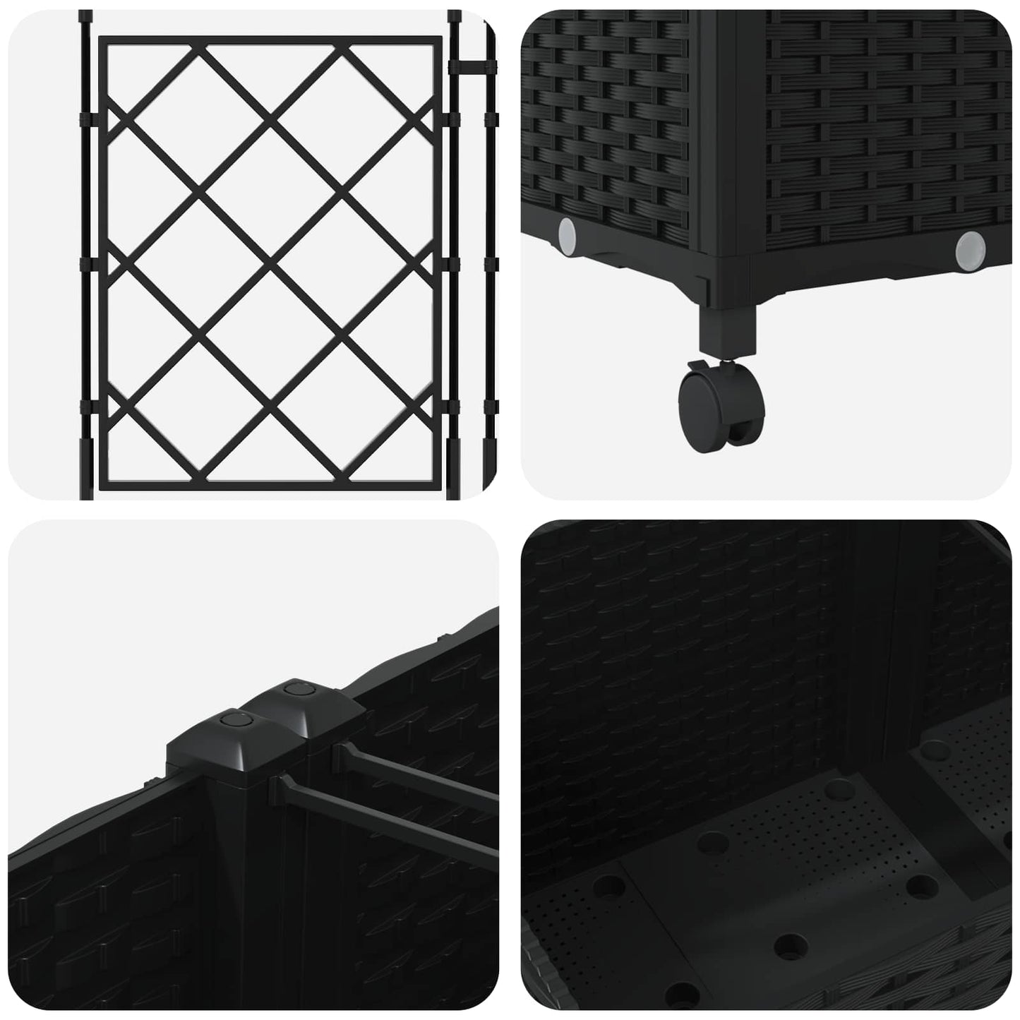 Garden Planter with Trellis&Wheels 3 pcs Black PP