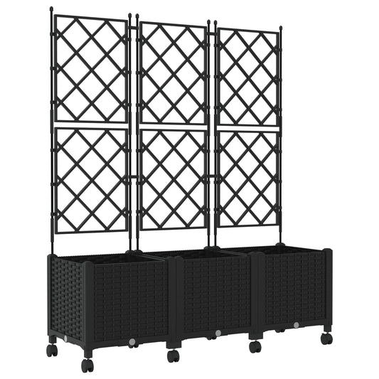 Garden Planter with Trellis&Wheels 3 pcs Black PP