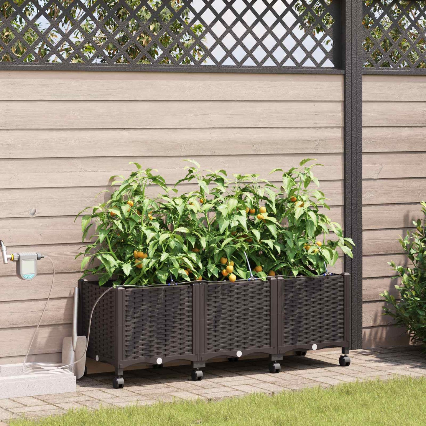 Garden Planter with Irrigation&Wheels 3 pcs Brown PP
