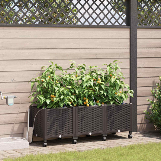 Garden Planter with Irrigation&Wheels 3 pcs Brown PP