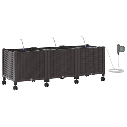 Garden Planter with Irrigation&Wheels 3 pcs Brown PP
