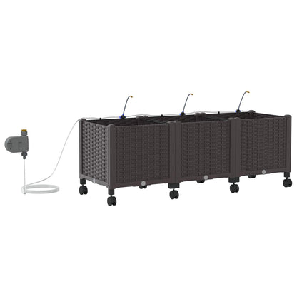 Garden Planter with Irrigation&Wheels 3 pcs Brown PP