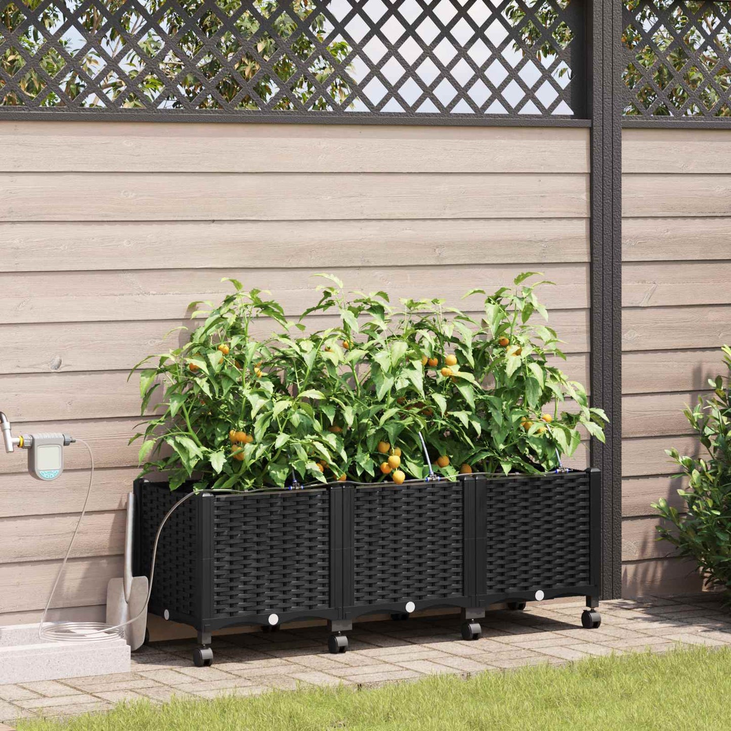 Garden Planter with Irrigation&Wheels 3 pcs Black PP