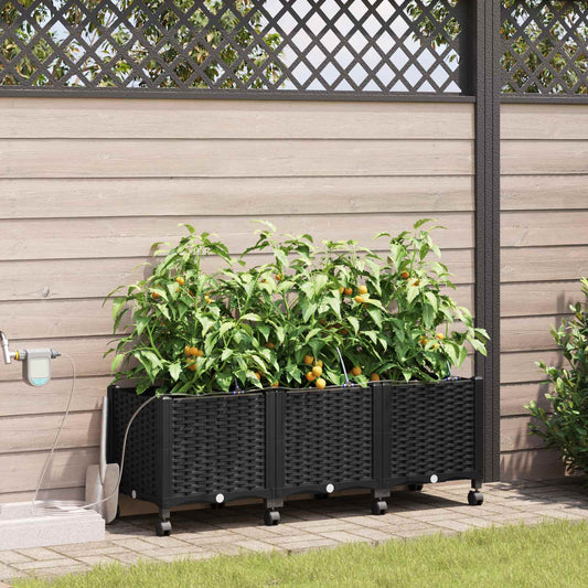 Garden Planter with Irrigation&Wheels 3 pcs Black PP