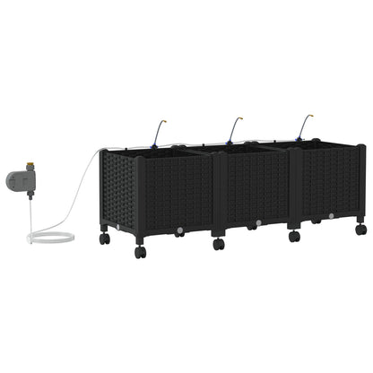 Garden Planter with Irrigation&Wheels 3 pcs Black PP