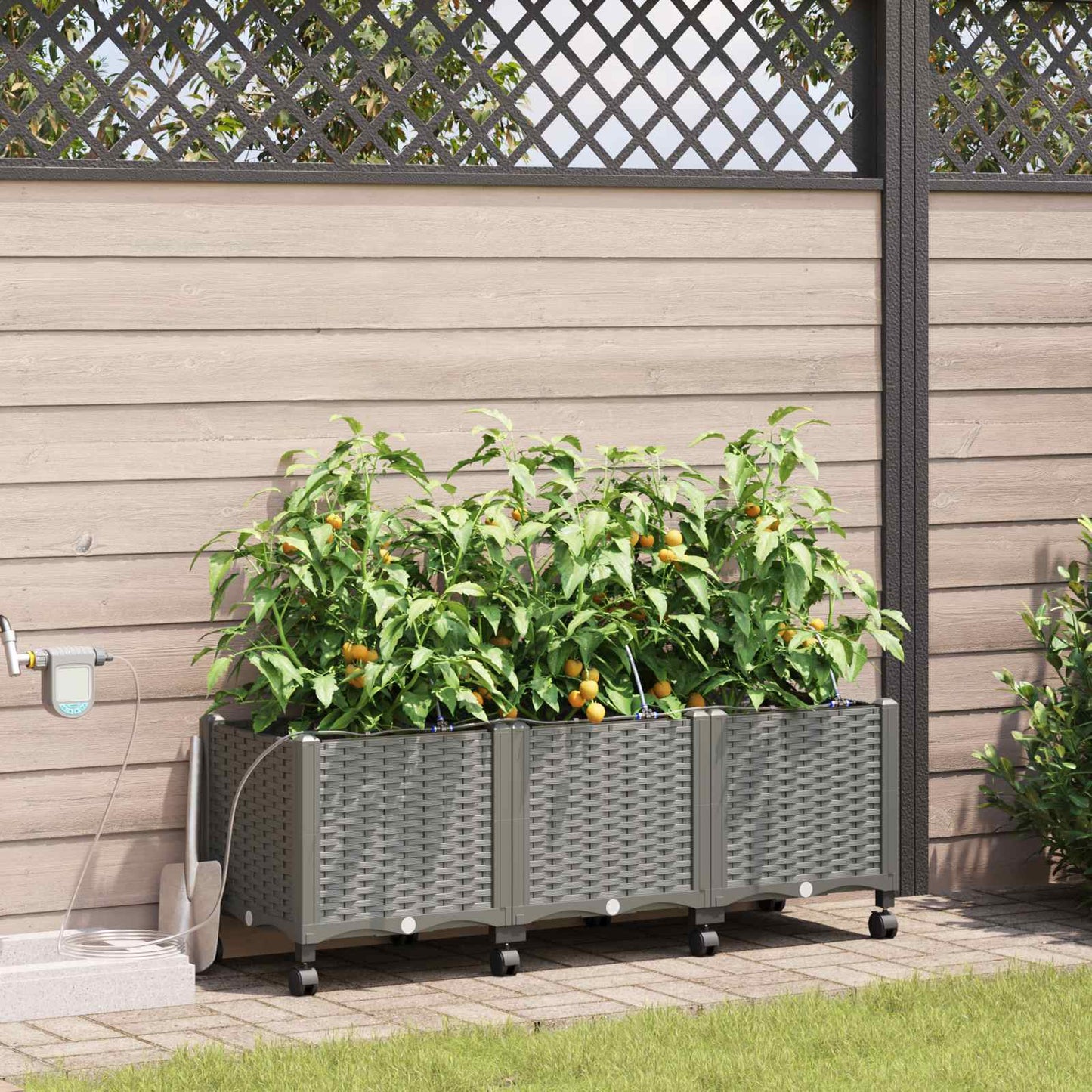 Garden Planter with Irrigation&Wheels 3 pcs Light Grey PP