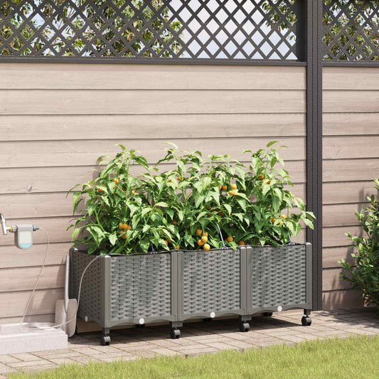 Garden Planter with Irrigation&Wheels 3 pcs Light Grey PP