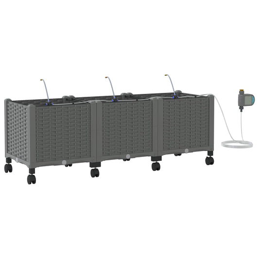 Garden Planter with Irrigation&Wheels 3 pcs Light Grey PP