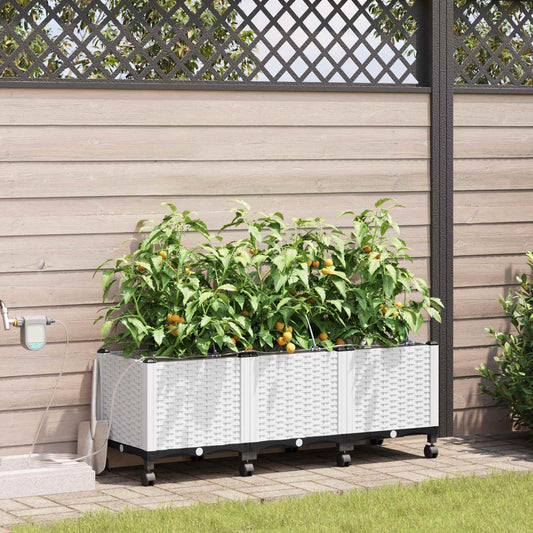 Garden Planter with Irrigation&Wheels 3 pcs White PP