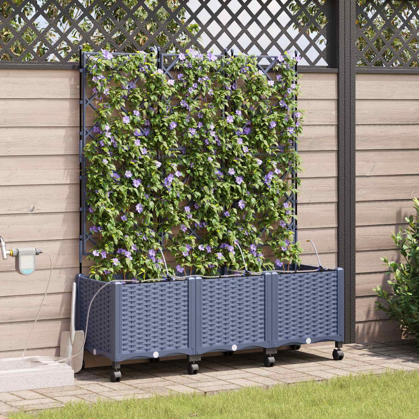 Garden Planter with Irrigation&Wheels 3 pcs Grey PP