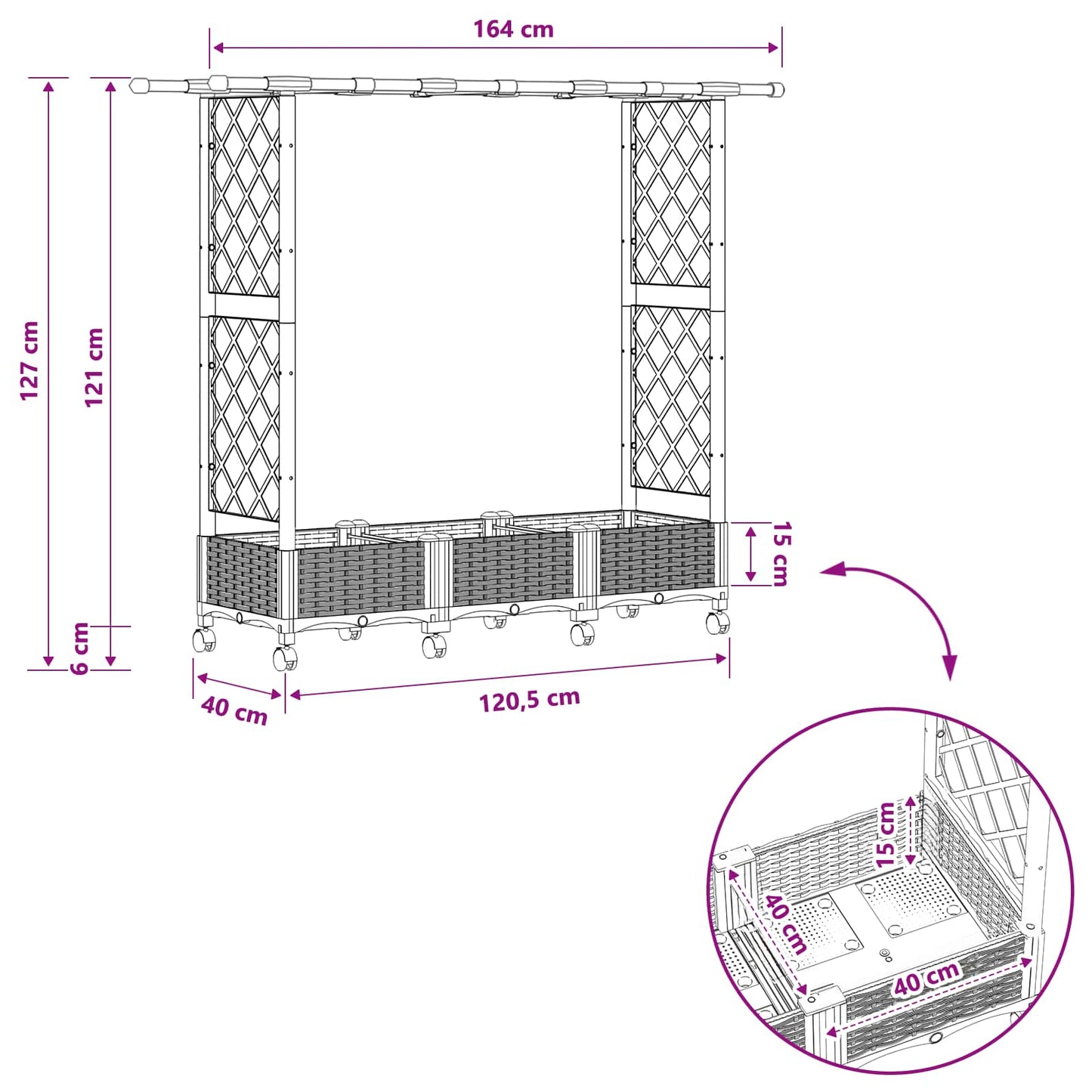 Raised Bed with Trellis and Roof Black 164 x 40 x 127 cm PP