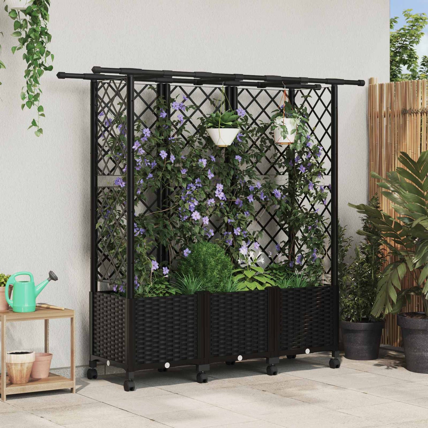 Raised Bed with Trellis and Roof Black 163.5 x 40 x 142 cm PP