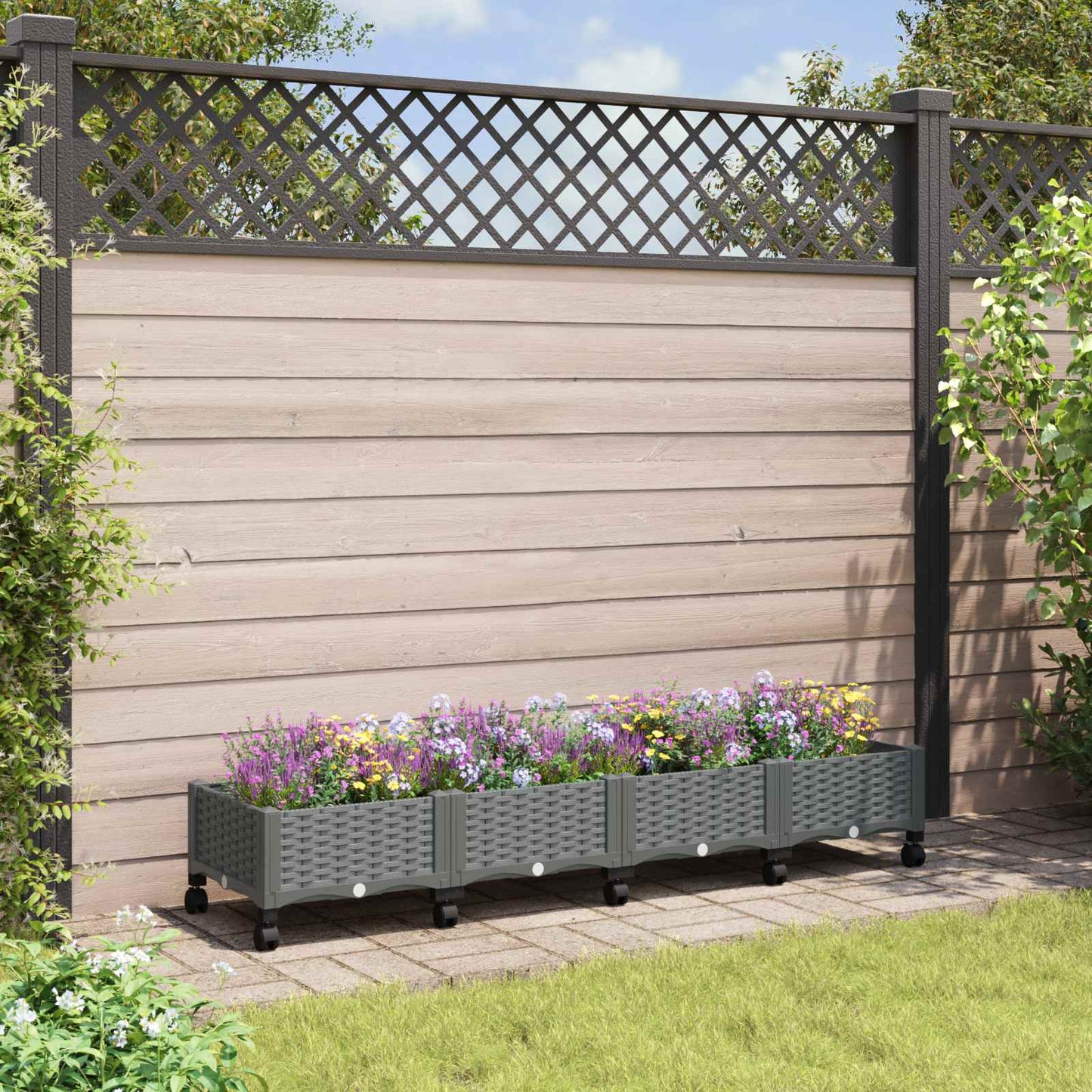 Garden Planter with Wheels Light Grey 160 x 40 x 33 cm PP