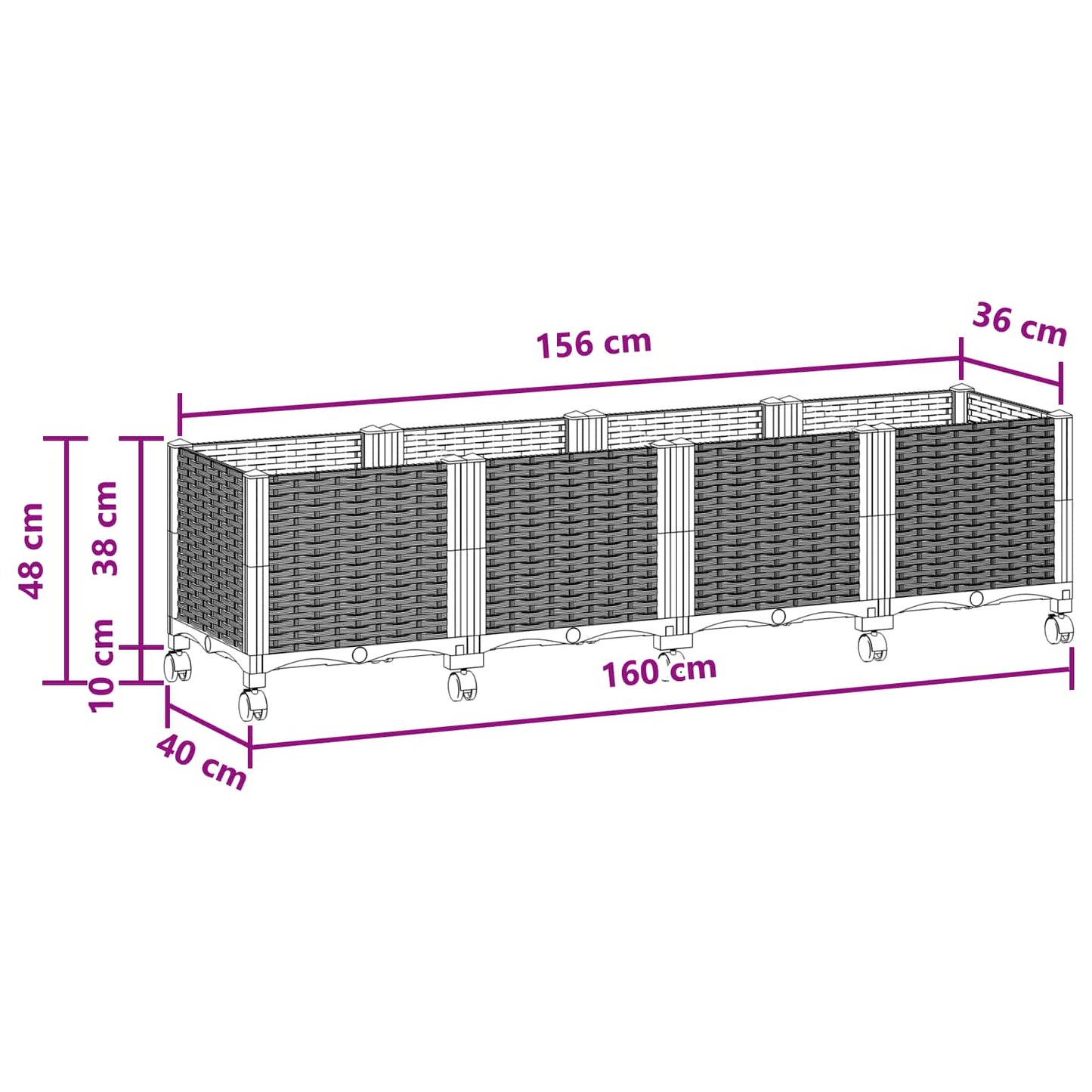 Garden Planter with Wheels Black 160 x 40 x 44 cm PP