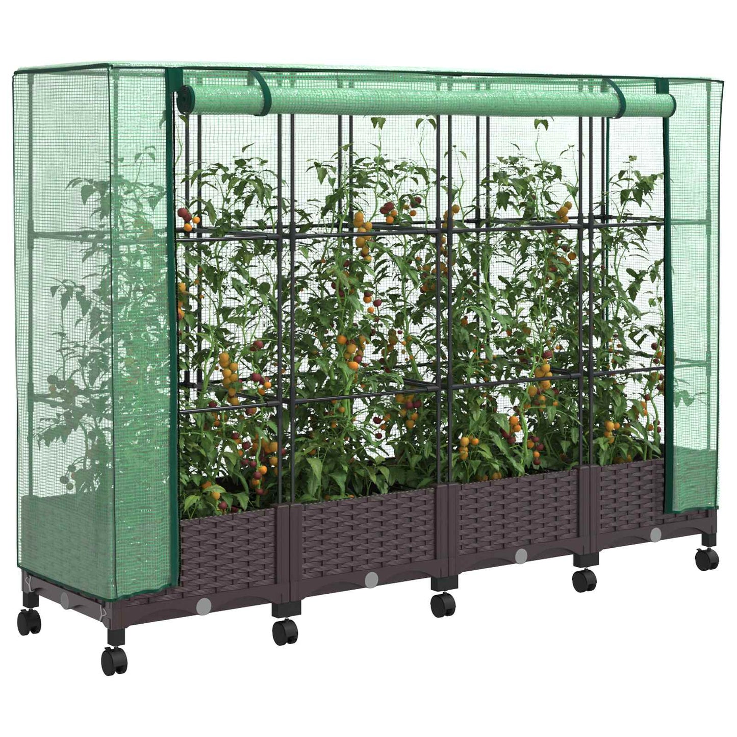 Garden Planter with Greenhouse Cover&Wheels 4 pcs Brown PP