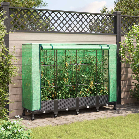 Garden Planter with Greenhouse Cover&Wheels 4 pcs Black PP