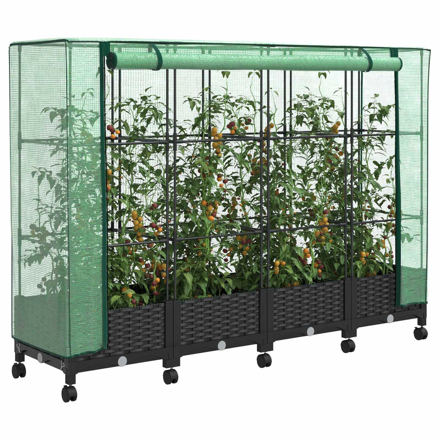 Garden Planter with Greenhouse Cover&Wheels 4 pcs Black PP