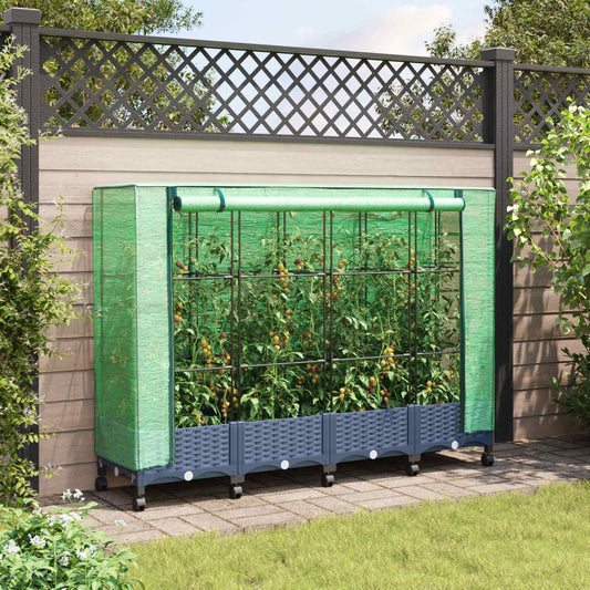 Garden Planter with Greenhouse Cover&Wheels 4 pcs Blue Grey PP
