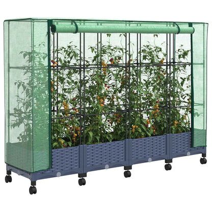 Garden Planter with Greenhouse Cover&Wheels 4 pcs Blue Grey PP